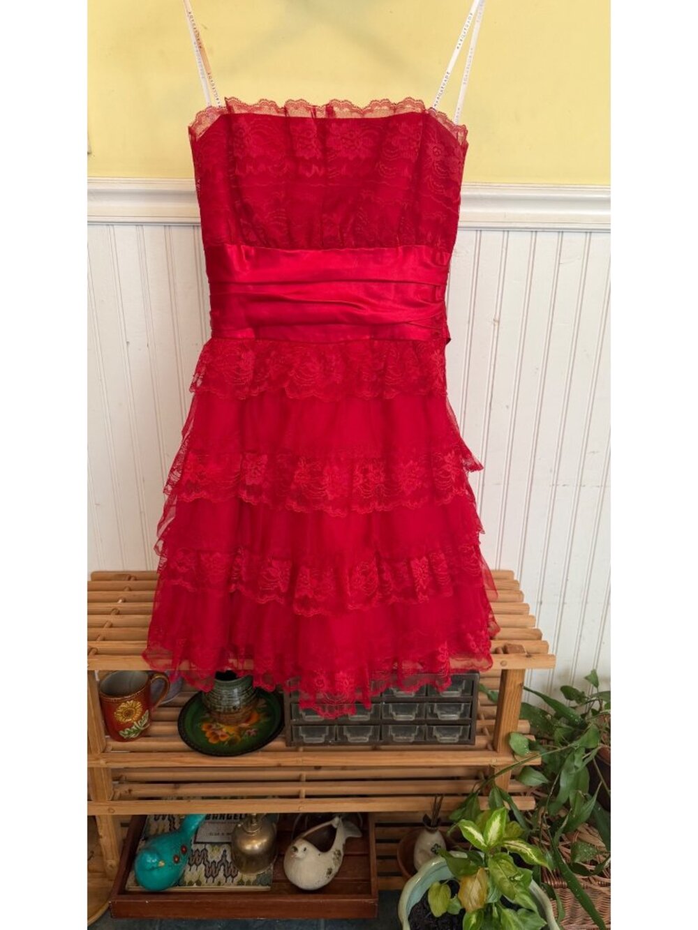 Masquerade Red Lace Tiered Party Dress Size 13/14 With Satin Waistband & Adjusta